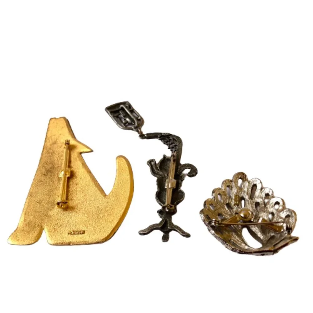 JJ Vintage Brooches Howling Coyote + Cat & Bird Cage + Silvertone 3 pins